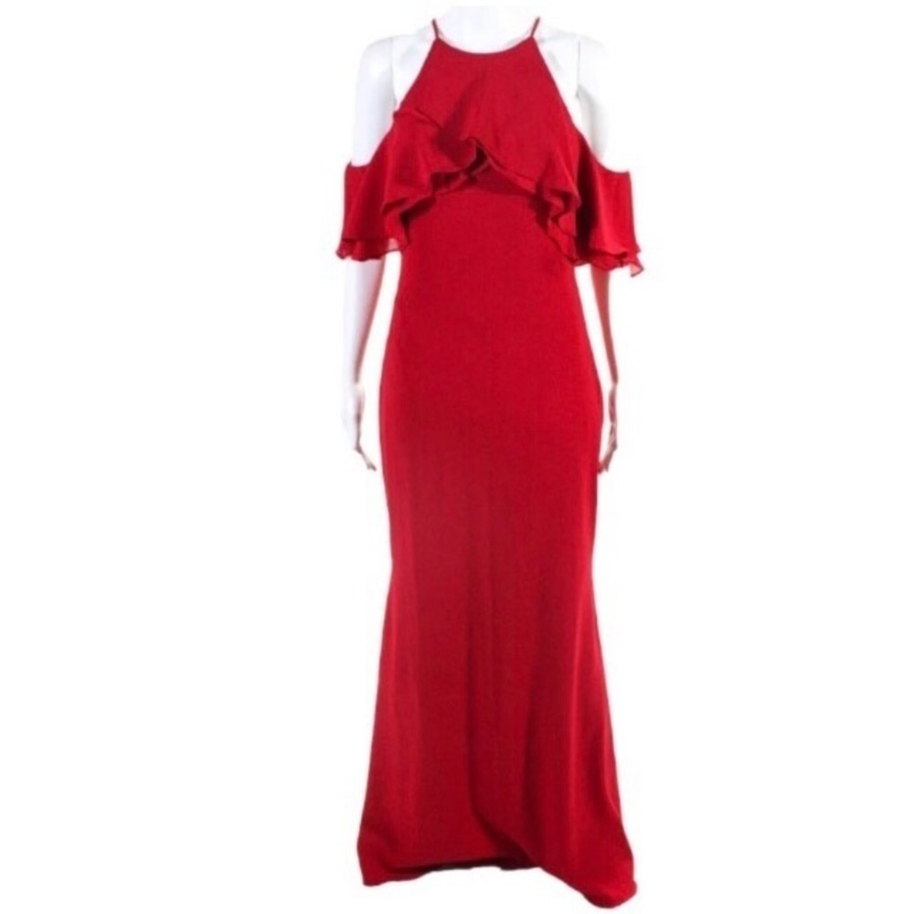 Badgley Mischka Crossover Gown Formal Maxi Dress Size 10 Red Cold Shoulder